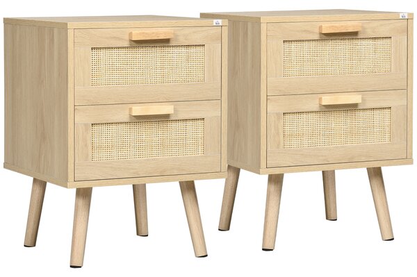 HOMCOM Set 2 Comodini per Camera da Letto Stile Boho con 2 Cassetti, 40x40x56cm, Legno Naturale|Aosom