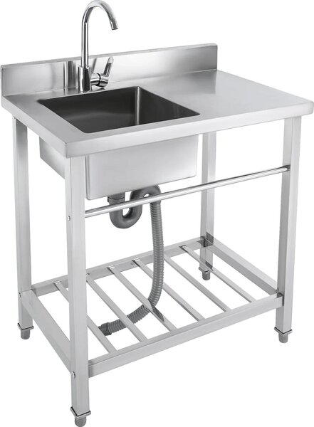 Lavabo freestanding, Con rubinetto, Struttura in acciaio inox, Ampie possibilità di contenimento, Argento