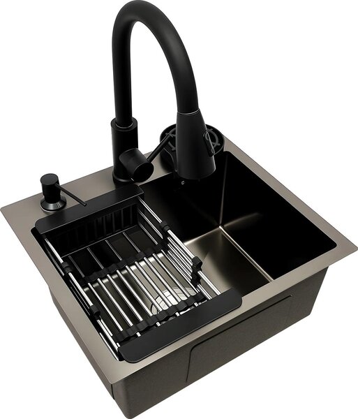 Lavello da cucina, rubinetto estraibile, accessori integrati, nero