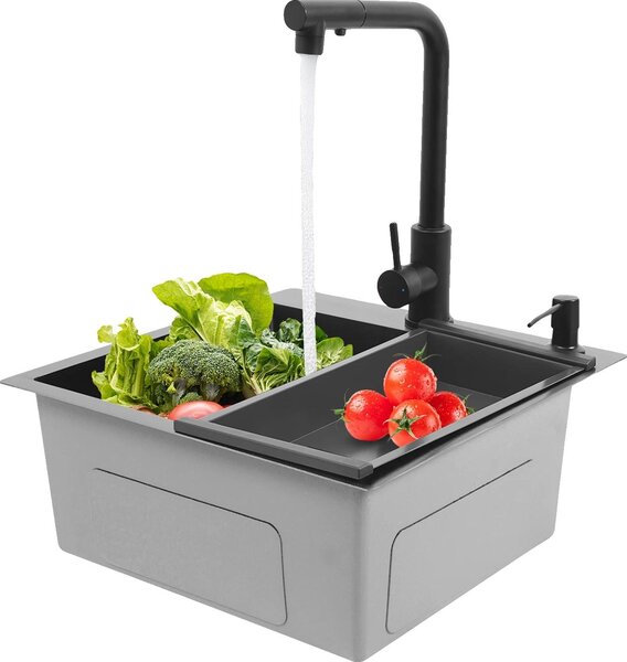Lavello da cucina, rubinetto estraibile, installazione versatile, nero