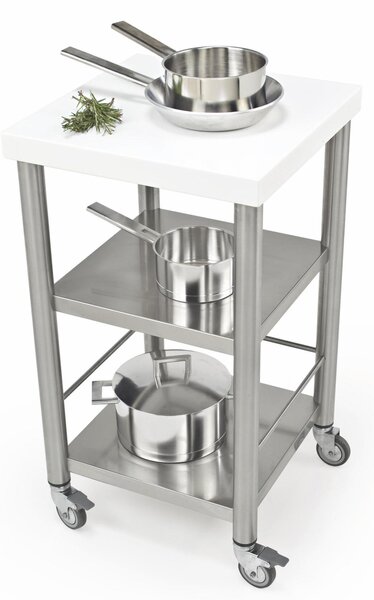 Carrello da cucina in pietra acrilica bianca e top da lavoro pietra acrilica bianca, dimensioni 50x50x h 90 cm peso 20 kg portata massima 75 kg
