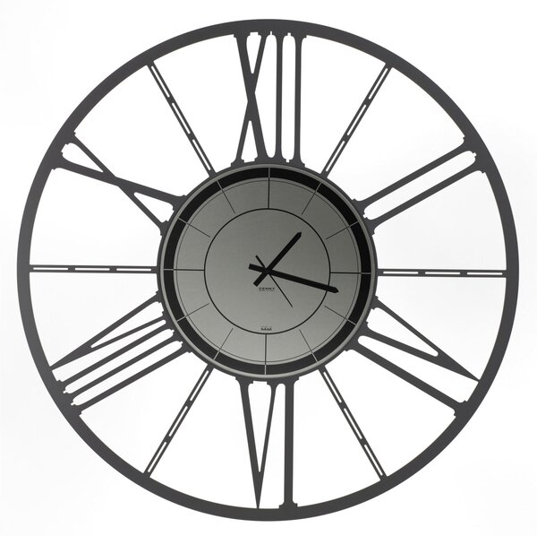 Orologio da parete in Metallo RUOTA 80 con quadrante in Vetro specchio Nero Fume' Dimensioni 80 cm lancette NERE, Numeri Romani realizzato colore grigio Marmo