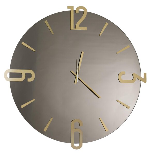Orologio Da Muro Struttura in specchio nero fume' con bordo rifinito a filo lucido Dimensioni 60 cm lancette Colore RAME , Numeri Arabi realizzato in ORO METALLIZZATO