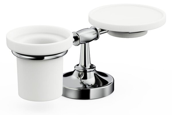 Portasapone con Portaspazzolini in Ottone Cromato Collezione 900 Dimensione 9,8x12,5x h 30,5 cm, bicchiere in ceramica in acciaio inox stile moderno cromo