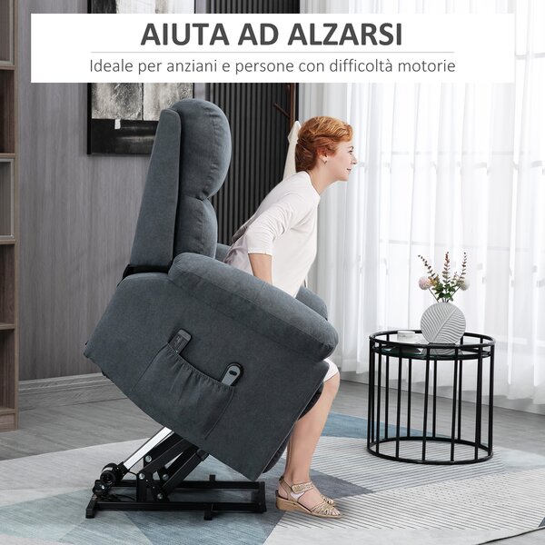 HOMCOM Poltrona Alzapersona Reclinabile con Massaggio e Poggiapiedi fino a 135 Grigio Comfort e Relax per Anziani e Persone con Mobilità Ridotta|Aosom