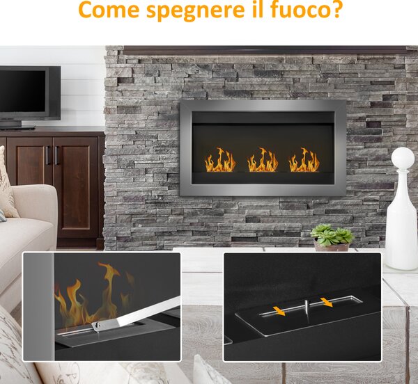HomCom Camino a Bioetanolo da Parete con 3 Bruciatori in Acciaio Inox 1.5LT 110 x 63 x 16cm