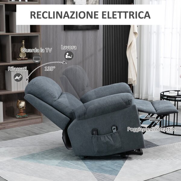 HOMCOM Poltrona Alzapersona Reclinabile con Massaggio e Poggiapiedi fino a 135 Grigio Comfort e Relax per Anziani e Persone con Mobilità Ridotta|Aosom