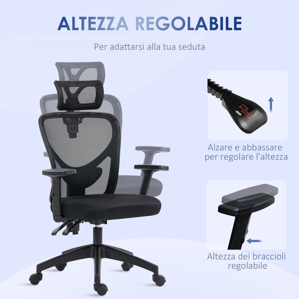 Vinsetto Sedia da Ufficio Ergonomica con Altezza Regolabile, Supporto Lombare e Poggiatesta, 66x61x106-116cm Nero|Aosom
