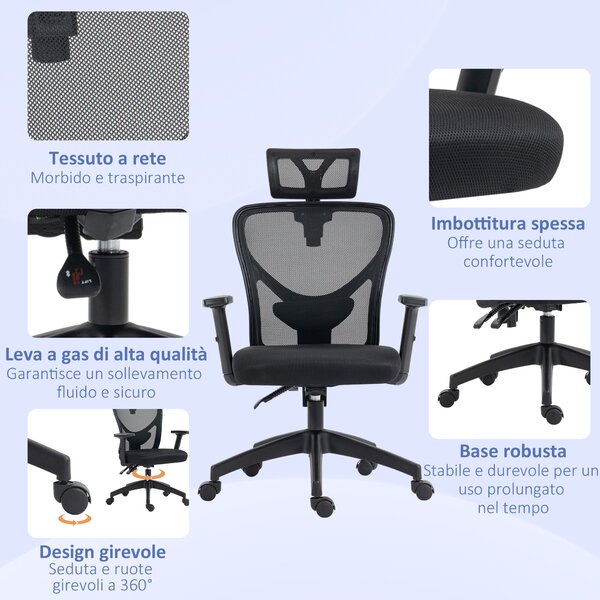 Vinsetto Sedia da Ufficio Ergonomica con Altezza Regolabile, Supporto Lombare e Poggiatesta, 66x61x106-116cm Nero|Aosom