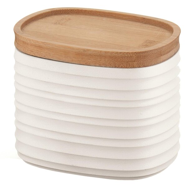 Barattolo realizzati riciclando 4,9 bottiglie di plastica 12.3x9.4x h11 cm � 500cc con coperchio in Legno di bamboo salva freschezza e guarnizione sul tappo bianco latte