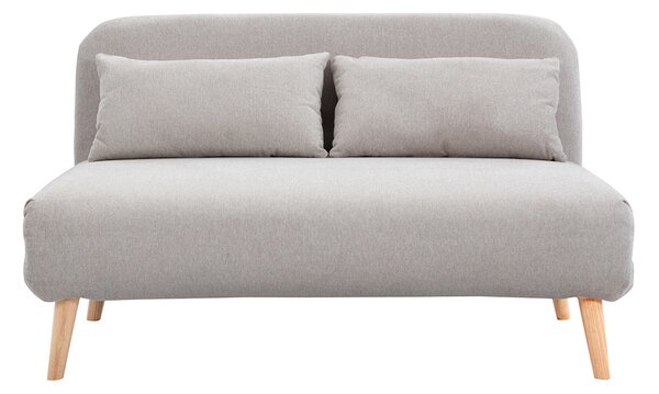 Poltrona letto 2 posti in tessuto effetto velluto beige testurizzato e legno chiaro AMIKO