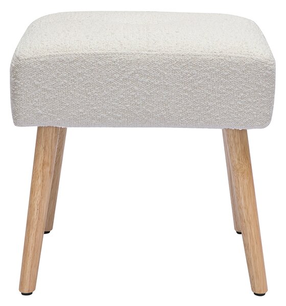 Sgabello basso in tessuto effetto lana bouclé bianco e legno massello chiaro H46 cm GUESTA