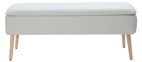 Panca contenitore effetto lana bouclée bianca e legno chiaro massello L120 cm LARS
