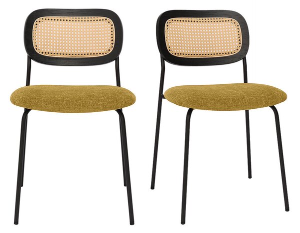 Sedie design in tessuto effetto velluto testurizzato color bronzo, metallo nero e intreccio in rattan (set di 2) MIRANDA