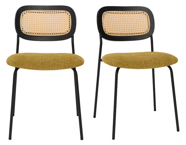 Sedie design in tessuto effetto velluto testurizzato color bronzo, metallo nero e intreccio in rattan (set di 2) MIRANDA