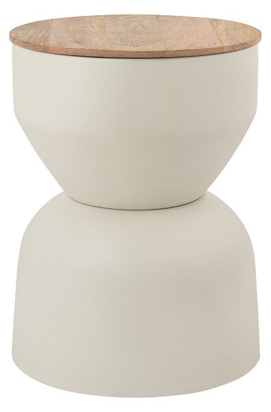 Tavolino rotondo design con vano portaoggetti in metallo greige e legno di mango massiccio D30 cm YOYO