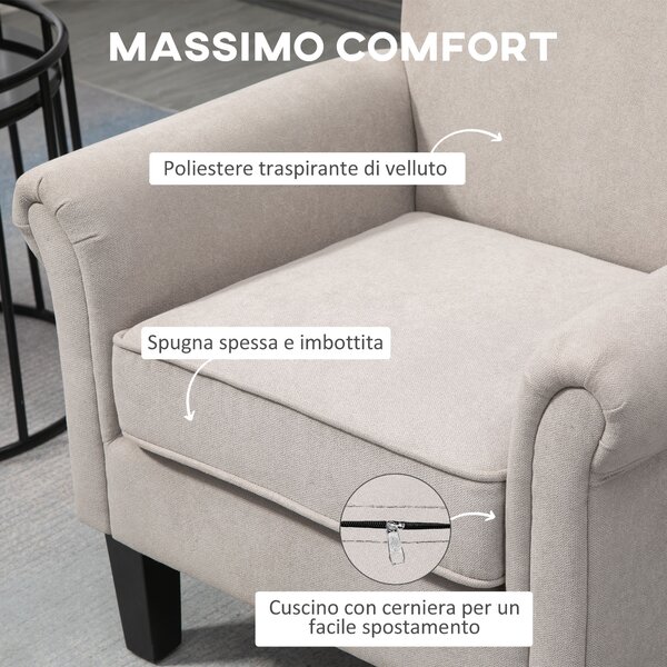 HOMCOM Poltroncina da Salotto in Tessuto con Gambe di Legno, Stile Nordico, Braccioli, Cuscino con Fodera Rimovibile, Grigio|Aosom