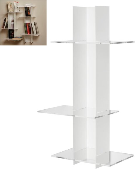 Libreria da Parete verticale Fissaggio a parete ELIB 39x23xh 70 cm con struttura in metallo verniciato bianco ripiani in metacrilato trasparente