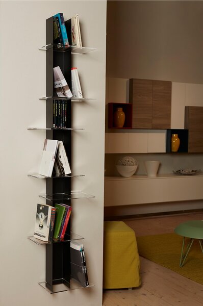 Libreria da Parete verticale Fissaggio a parete ELIB 39x23xh 170 cm con struttura in metallo verniciato NERO ripiani in metacrilato trasparente