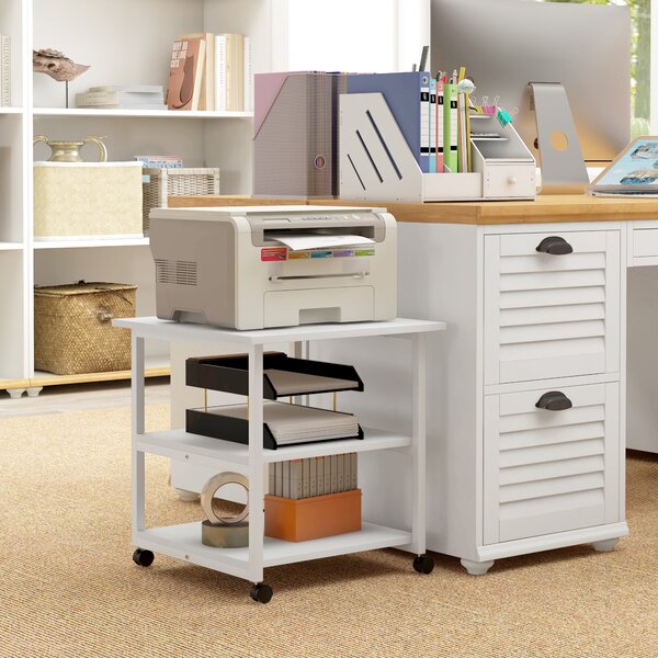 HOMCOM Carrello salvaspazio Porta Stampante a 3 Ripiani, mobile da ufficio con 4 Ruote, Legno e Acciaio, 50x50x52.5cm, Bianco|Aosom Italy