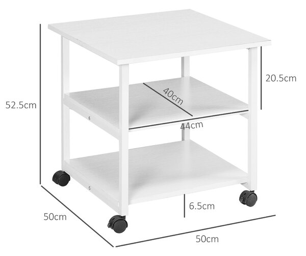 HOMCOM Carrello salvaspazio Porta Stampante a 3 Ripiani, mobile da ufficio con 4 Ruote, Legno e Acciaio, 50x50x52.5cm, Bianco|Aosom Italy