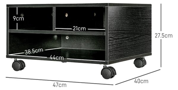 HOMCOM Mobile Porta Stampante a 2 Ripiani in Legno con Ruote per Ufficio e Studio, 47x40x22.5cm, Nero|Aosom