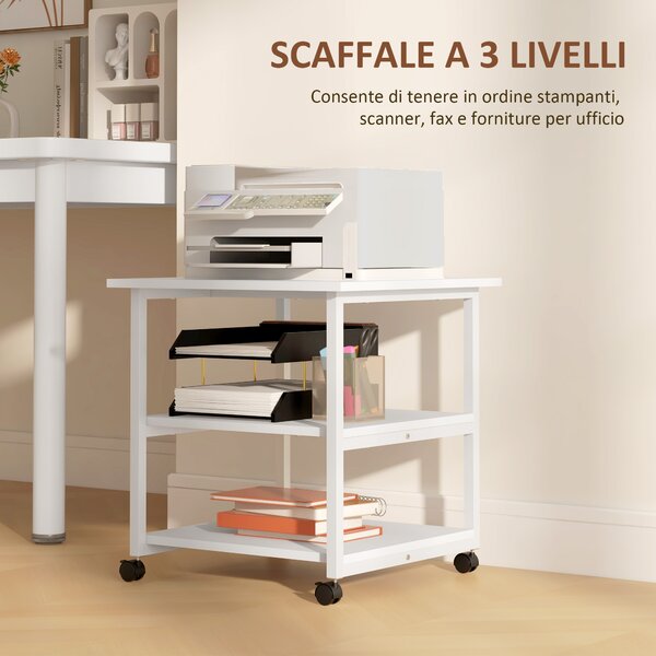 HOMCOM Carrello salvaspazio Porta Stampante a 3 Ripiani, mobile da ufficio con 4 Ruote, Legno e Acciaio, 50x50x52.5cm, Bianco|Aosom Italy