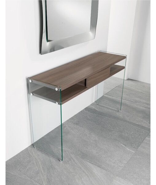 Consolle con cassetto MAYA dimensioni 120x36x77h cm peso 36 kg, realizzata in legno ecologico da 25 mm e fianchi in vetro temperato da 10 mm
