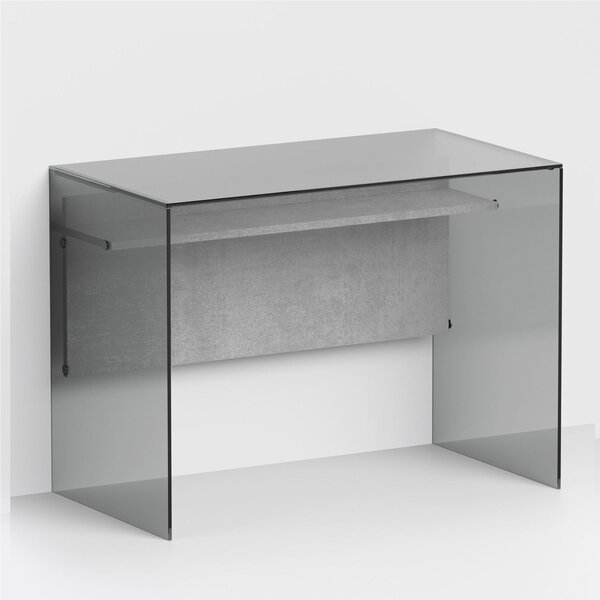 Scrivania Porta Computer SCRIBA 120x55x74h cm ripiano in vetro temperato FUME da 10 mm con spessore del piano in legno 18 cm frontale Cemento