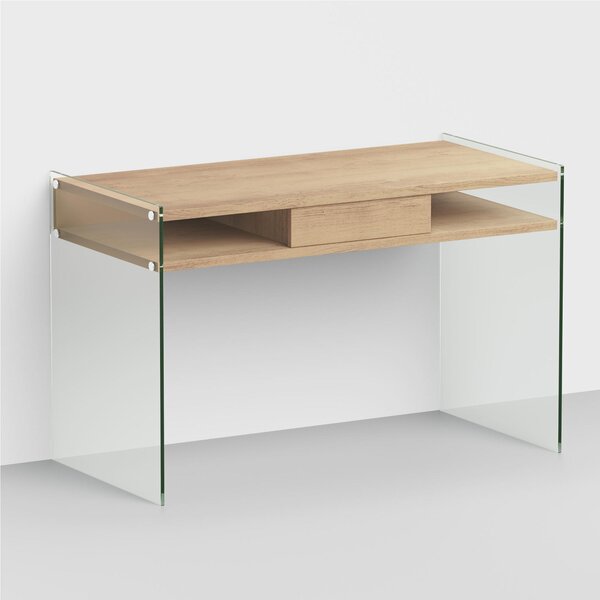 Scrivania portacomputer Dimensioni 120x60xh77 cm SPACE con cassetto scorrevole in laminato ecologico Colore Rovere Naturale con struttura in vetro temperato da 10 mm