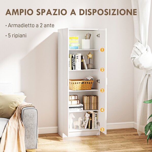 HOMCOM Mobile Multiuso Moderno con 5 Ripiani Livelli Regolabili in Legno, 60x31.5x165 cm, Bianco | Aosom Italy
