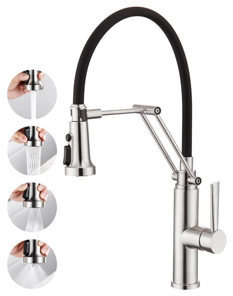 Miscelatore monocomando per lavello da cucina, con doccetta estraibile, 4 getti d'acqua, rotazione a 360°