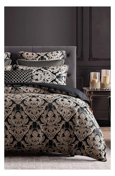 Set copripiumino e federa nero in cotone renforcé per letto matrimoniale/per letto esteso con lenzuolo incluso/4 pezzi 200x220 cm Damask – Mila Home
