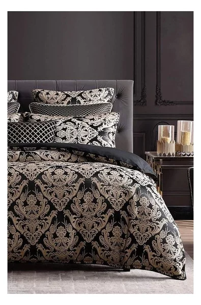 Set copripiumino e federa nero in cotone renforcé per letto matrimoniale/per letto esteso con lenzuolo incluso/4 pezzi 200x220 cm Damask – Mila Home