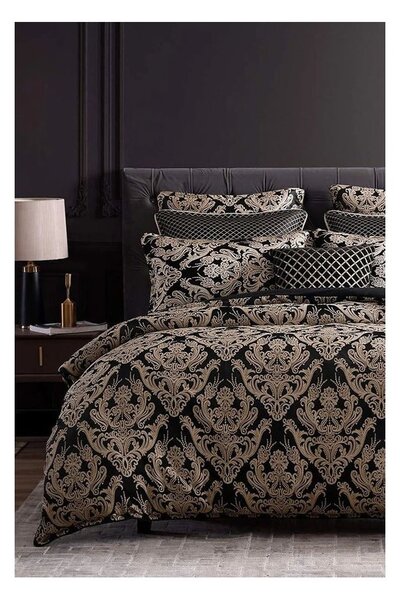 Set copripiumino e federa nero in cotone renforcé per letto matrimoniale/per letto esteso con lenzuolo incluso/4 pezzi 200x220 cm Damask – Mila Home