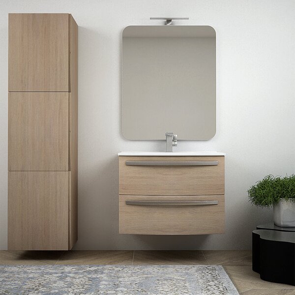 Mobile bagno rovere tabacco sospeso 75 cm design tondo - Berlino con specchio filo lucido e colonna da 170 cm