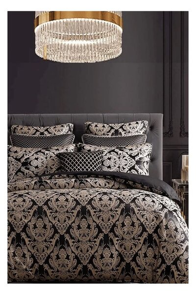 Set copripiumino e federa nero in cotone renforcé per letto matrimoniale/per letto esteso con lenzuolo incluso/4 pezzi 200x220 cm Damask – Mila Home