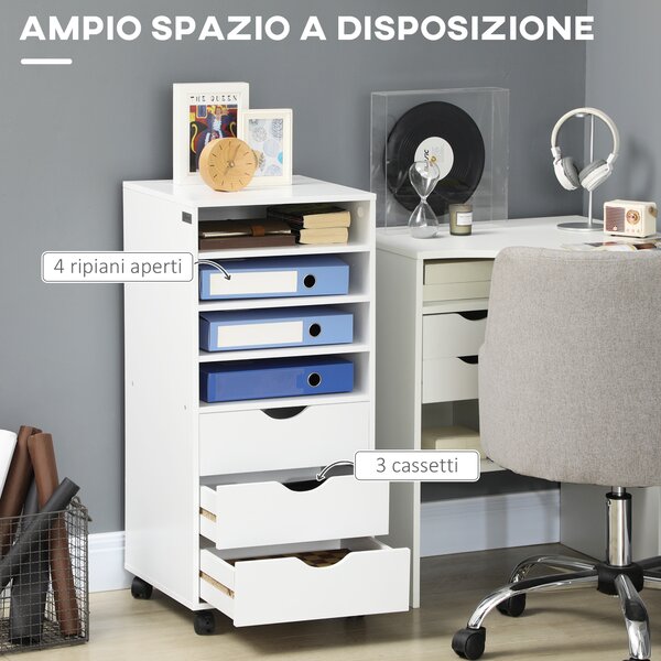 Vinsetto Cassettiera Portadocumenti da Ufficio con 4 Rotelle 4 ripiani 3 cassetti in Legno bianco 38 x 40 x 86.8 cm|Aosom