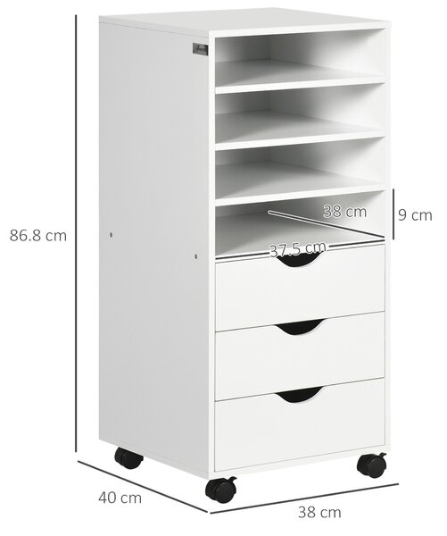 Vinsetto Cassettiera Portadocumenti da Ufficio con 4 Rotelle 4 ripiani 3 cassetti in Legno bianco 38 x 40 x 86.8 cm|Aosom