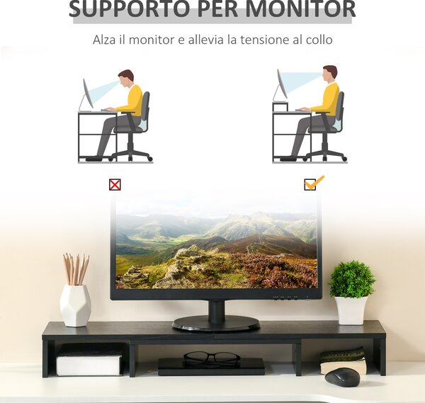 Vinsetto Supporto Monitor in MDF con Lunghezza e Angolazione Regolabile per Laptop, PC, Stampanti e TV, 80-117x23.5x10cm, Nero|Aosom