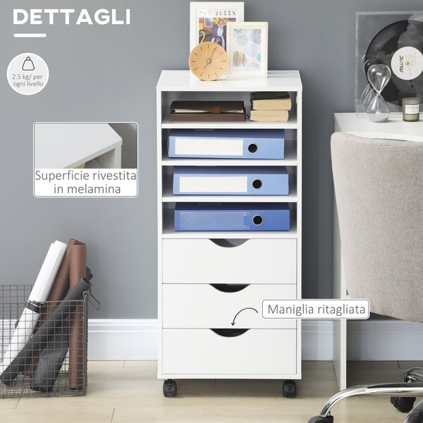 Vinsetto Cassettiera Portadocumenti da Ufficio con 4 Rotelle 4 ripiani 3 cassetti in Legno bianco 38 x 40 x 86.8 cm|Aosom