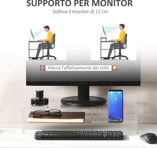 HOMCOM Supporto Monitor PC 24" max con 2 Ripiani Aperti, in Acrilico Trasparente, 50.8x19x12 cm|Aosom