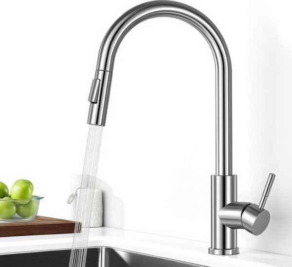 Miscelatore da cucina estraibile ad alta pressione con doccetta, 2 modalità, girevole a 360°, monocomando, in acciaio inossidabile 304, colore argento