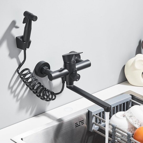 Miscelatore da cucina a parete, nero, in acciaio inossidabile, 23 cm, con erogatore a spruzzo, per acqua fredda/calda, monocomando, 2 fori