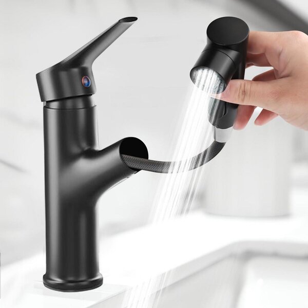 Miscelatore monocomando per lavabo con doccetta estraibile, 3 getti, colore nero