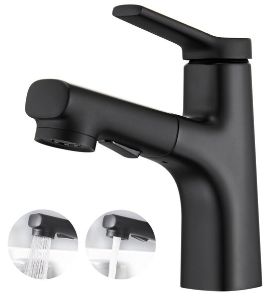 Miscelatore monocomando per lavabo da bagno, con doccetta estraibile, colore nero