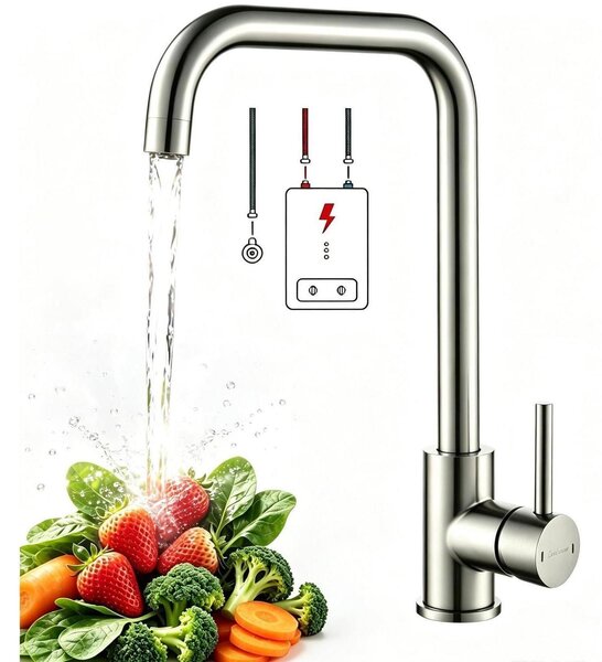 Rubinetto da cucina a bassa pressione, girevole a 360°, in acciaio inossidabile spazzolato