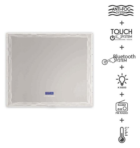 Specchio touch LED 90X90 con casse Bluetooth radio orario e temperatura anti-fog