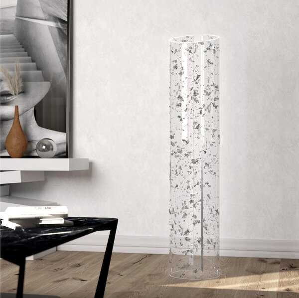 Lampada da terra, Wave realizzata con un�unica lastra di cristallo acrilico piegata a mano dimensioni 25x25xh 120 cm, spessore 10 mm foglie Argento