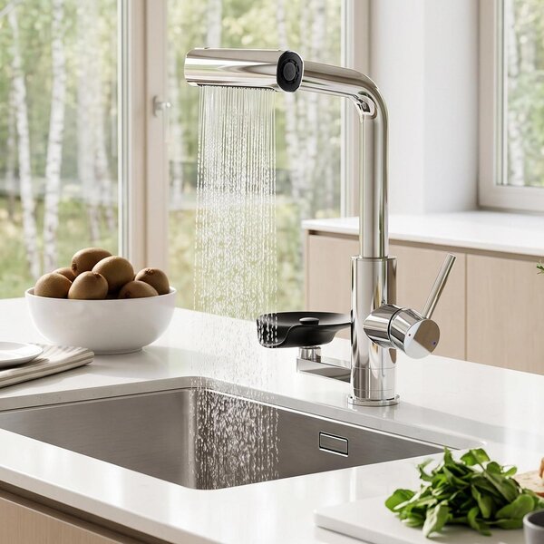 Miscelatore da cucina estraibile a cascata con erogatore per bicchieri, girevole a 360°, in acciaio inossidabile